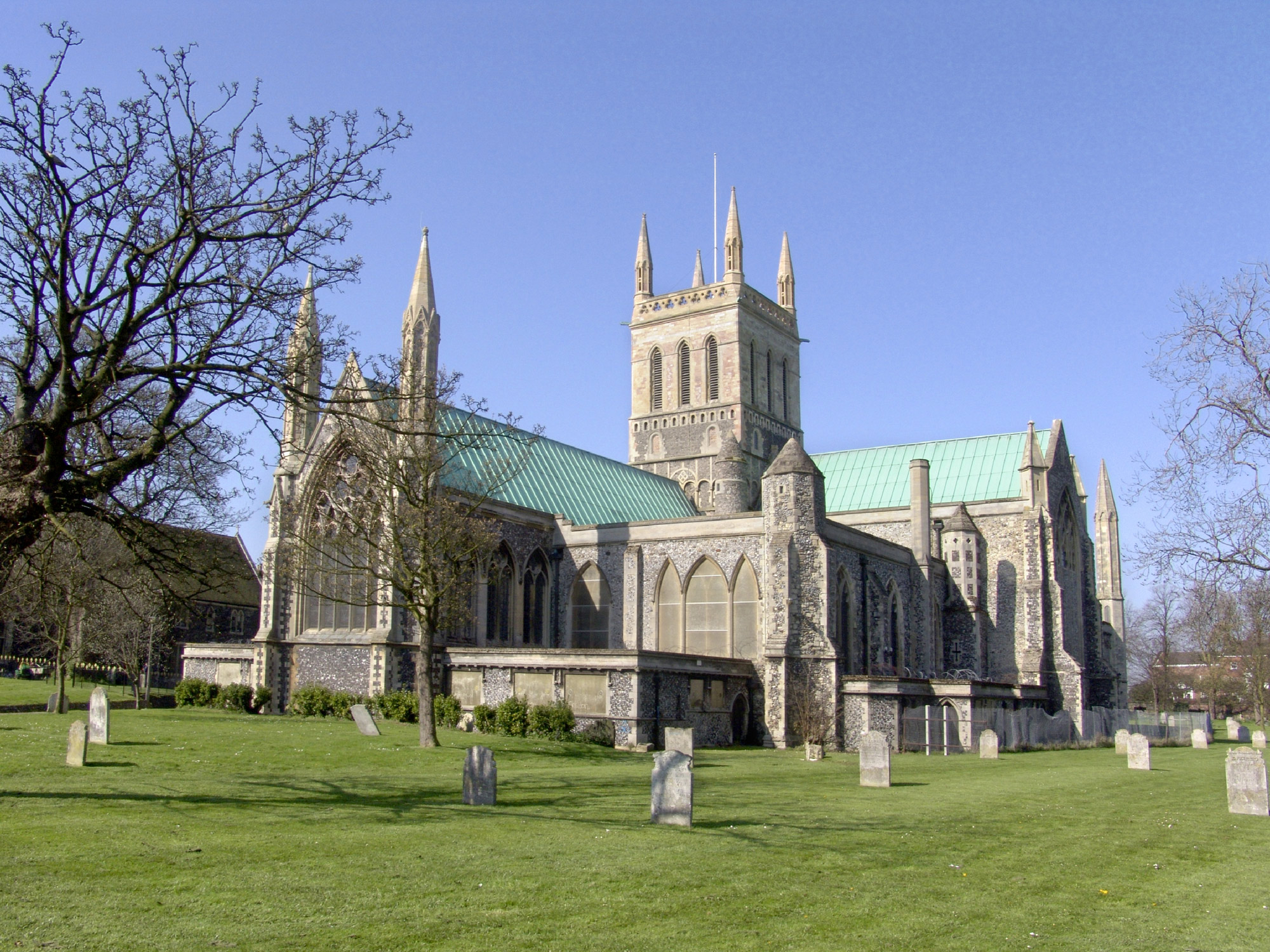 The Minster Church of St Nicholas, Great Yarmouth, seen across its churchyard